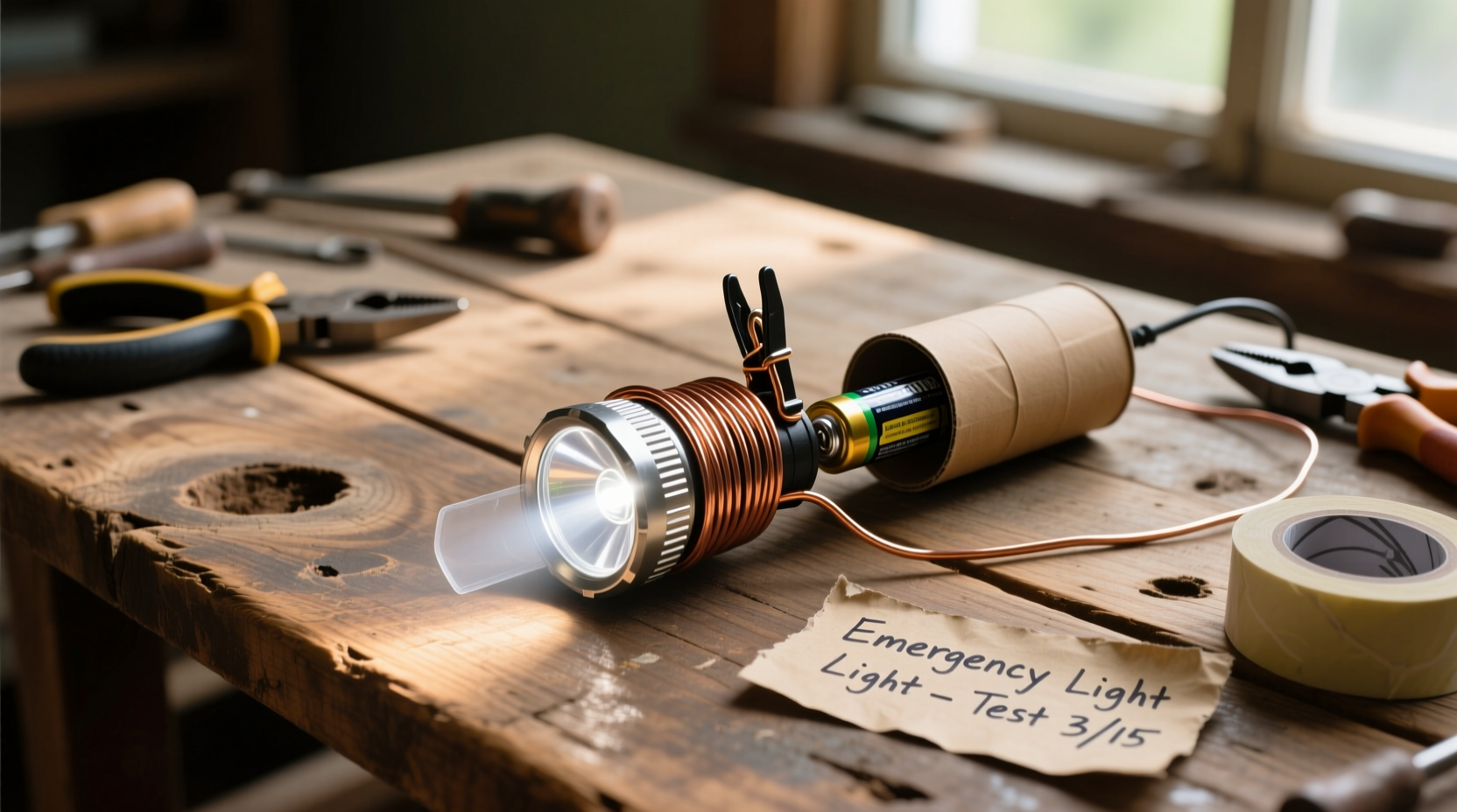 Homemade flashlight materials on wooden table