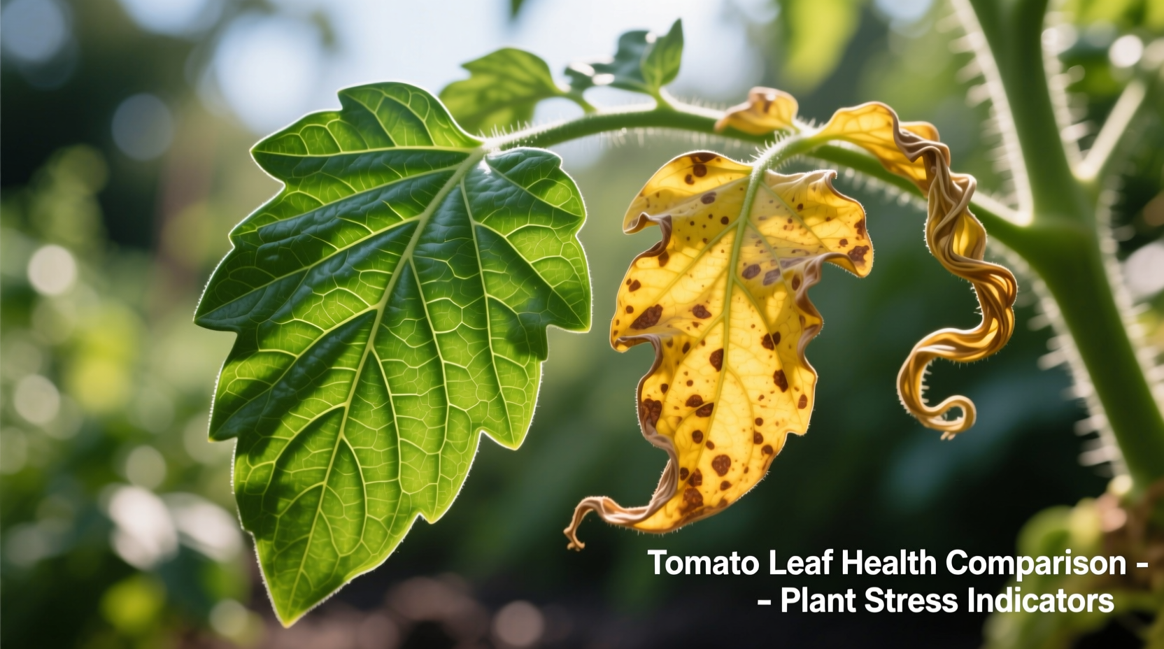 Close-up of healthy versus curling tomato leaves