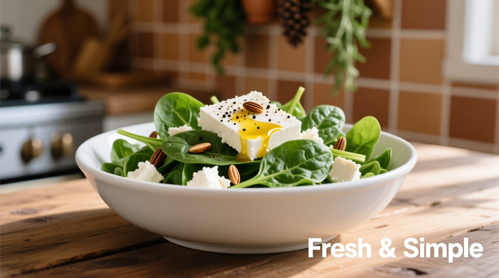 Fresh spinach and feta salad in white bowl