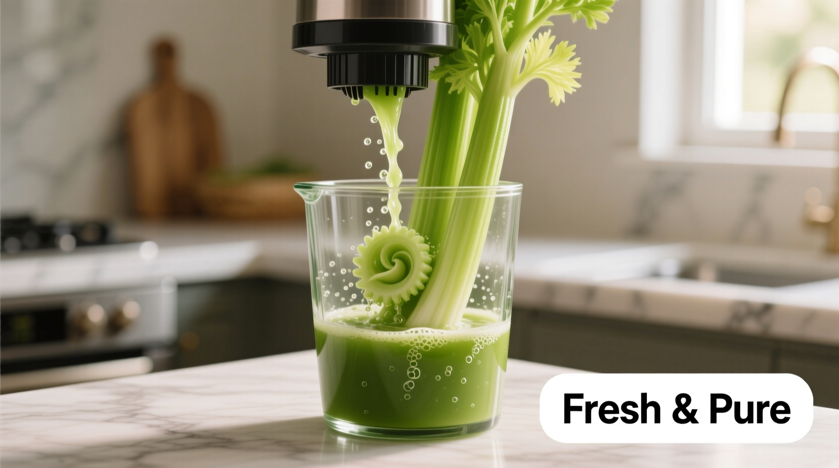 Fresh organic celery stalks in glass juicer