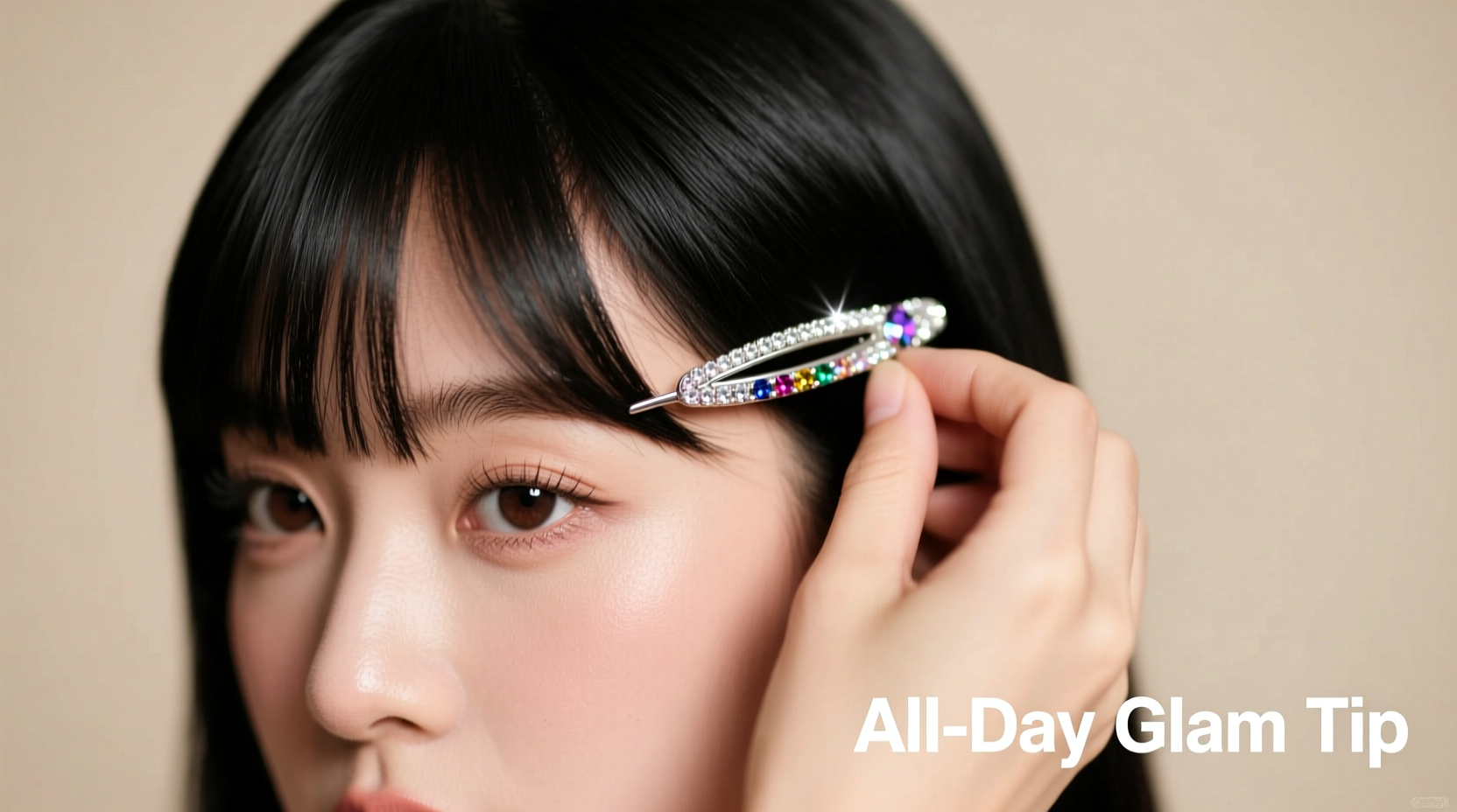 step by step guide to secure bangs with a rhinestone forehead accessory for all day glam