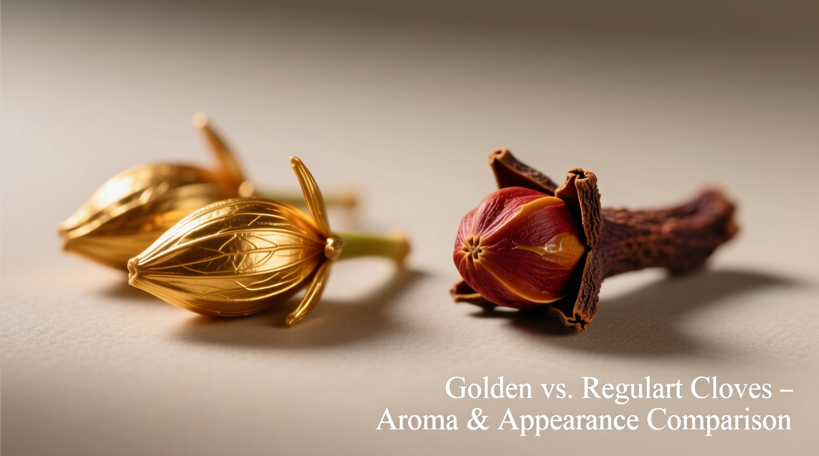 Golden clove buds next to regular cloves for comparison