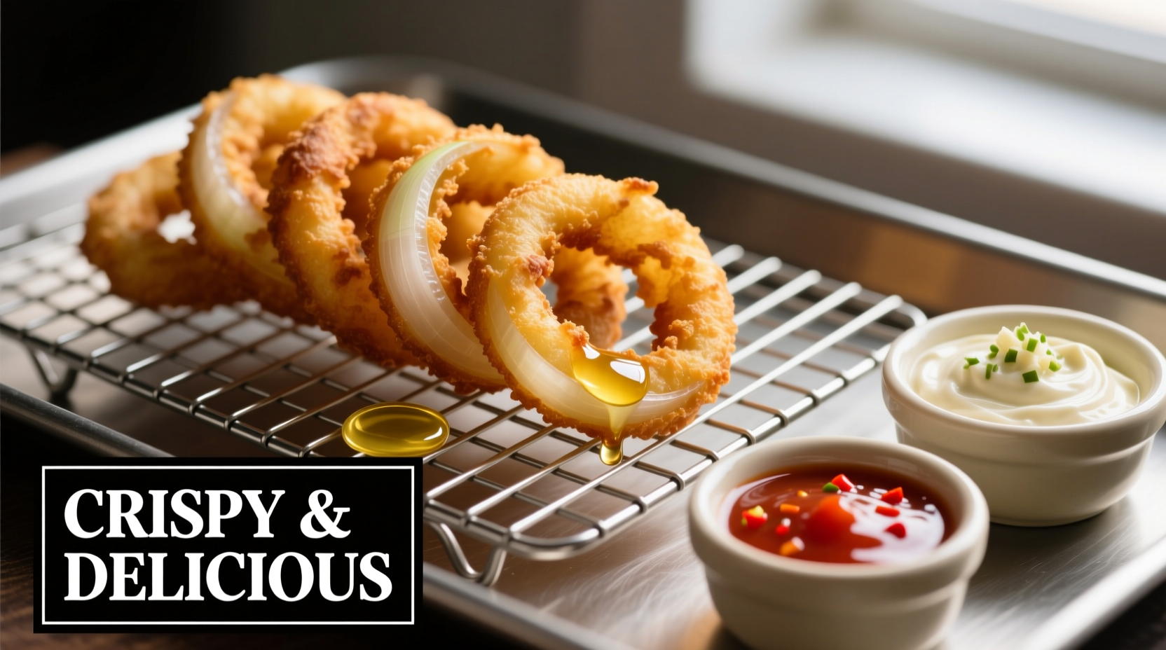 Golden brown onion rings on wire rack with dipping sauces