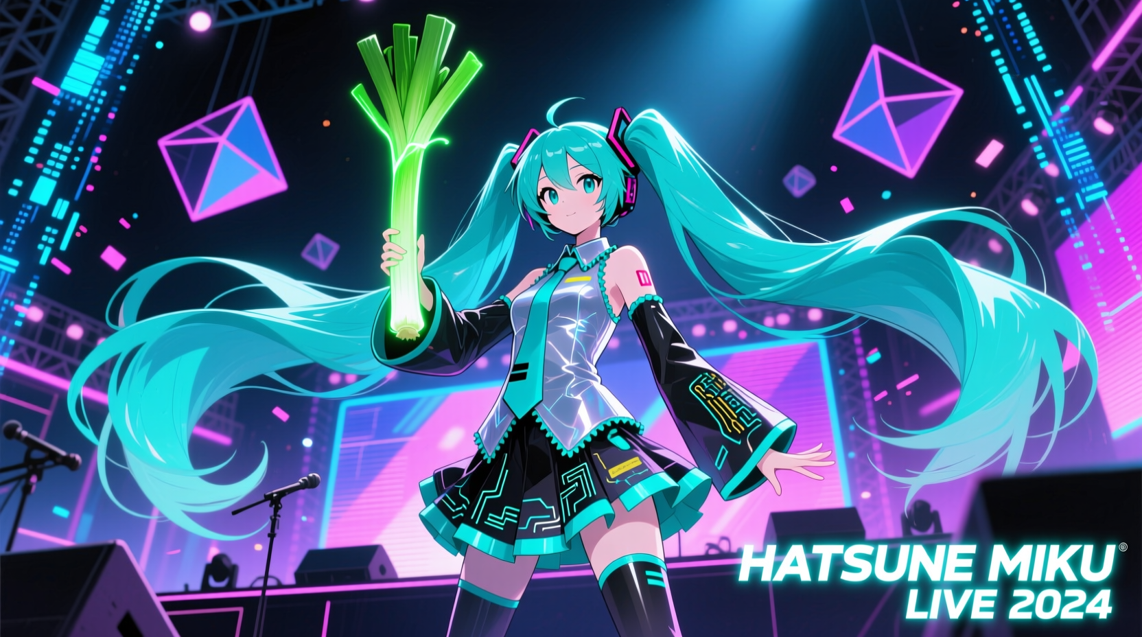 Hatsune Miku holding a leek in concert pose