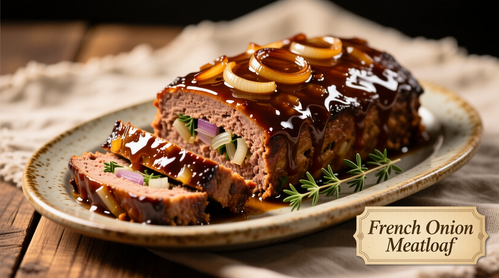 Moist meatloaf with French onion glaze on platter