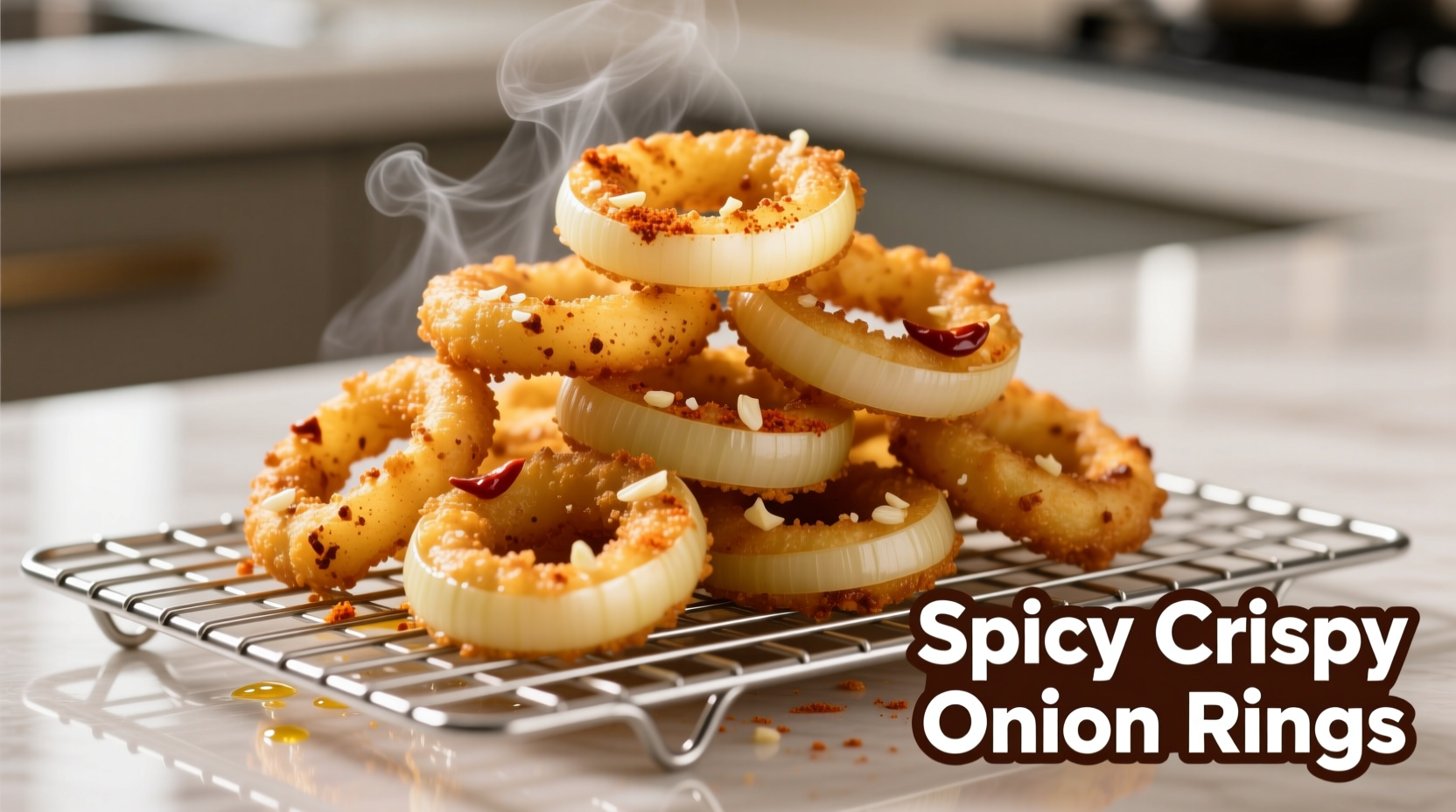Golden crispy spicy onion rings on wire rack
