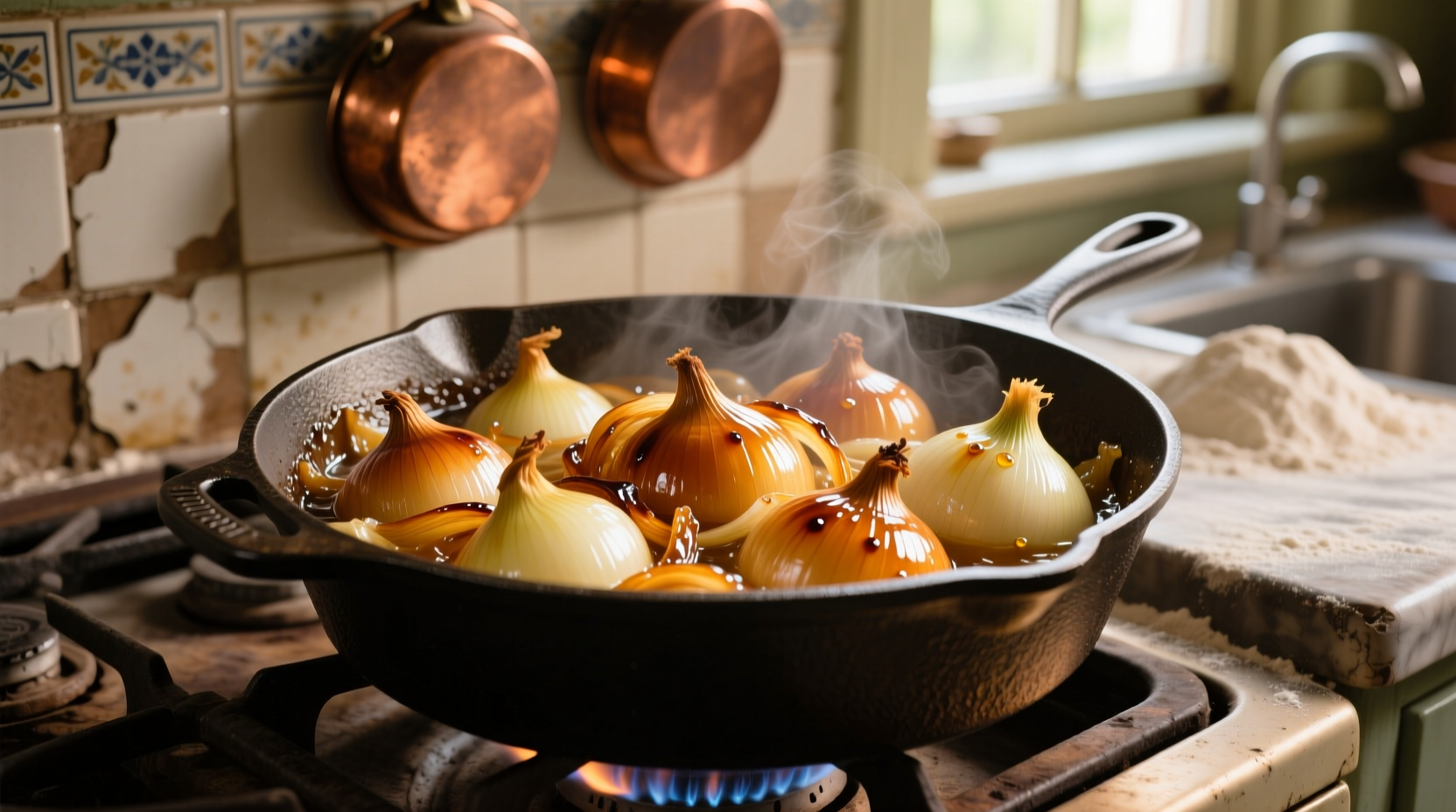 Golden caramelized onions in a pot