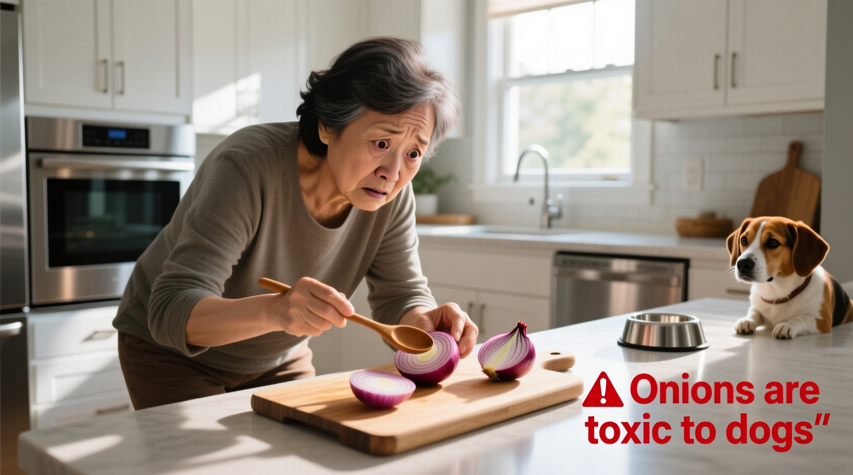 Concerned dog owner checking kitchen for onion exposure risks