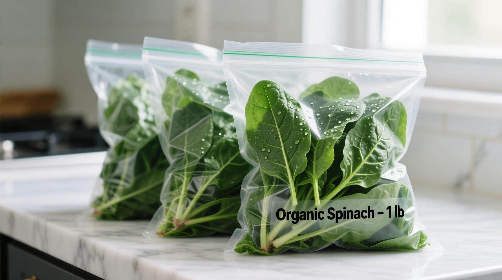 Raw spinach being portioned into freezer bags