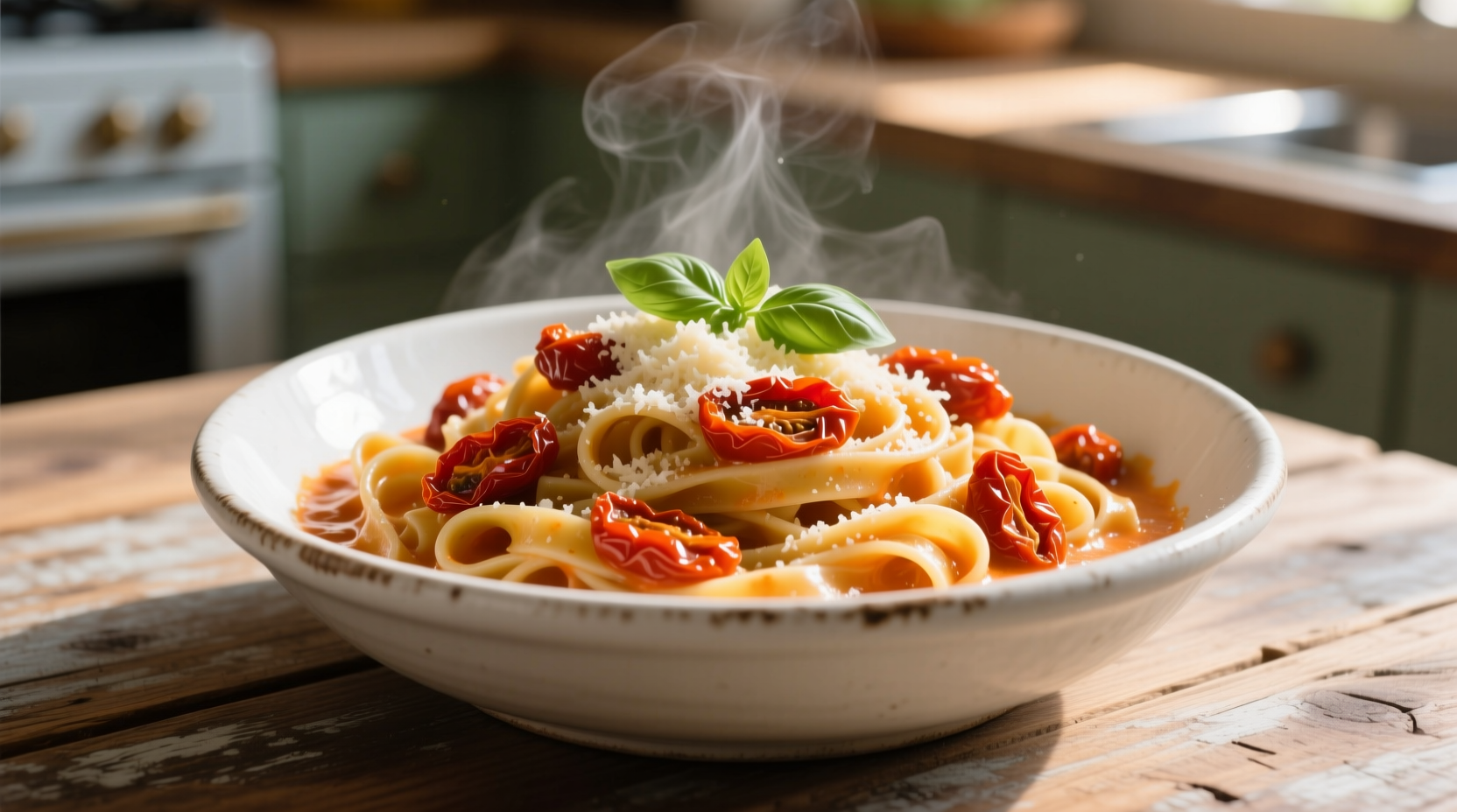 Creamy pasta with sundried tomatoes in white bowl
