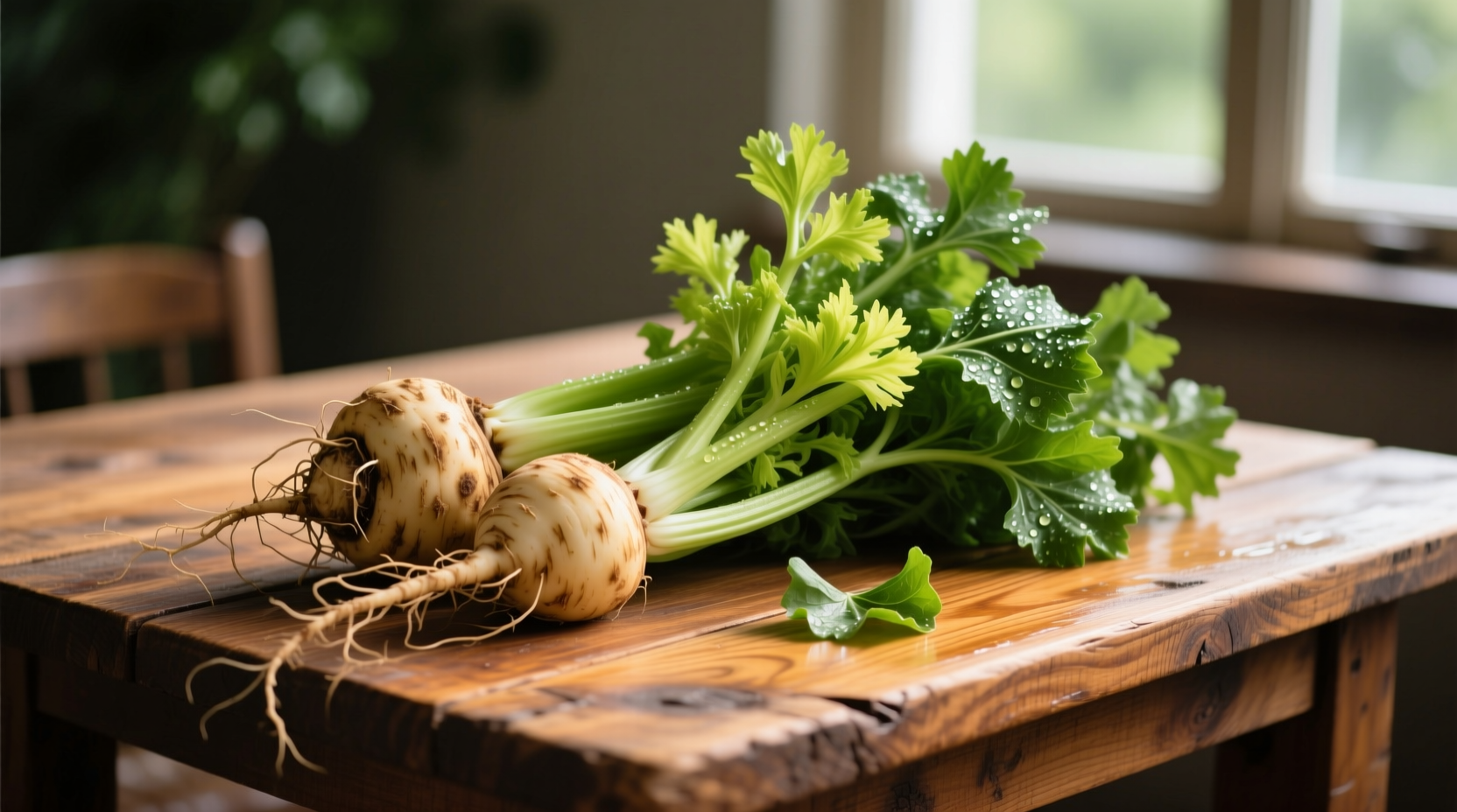 Fresh celery roots with leafy greens on wooden table