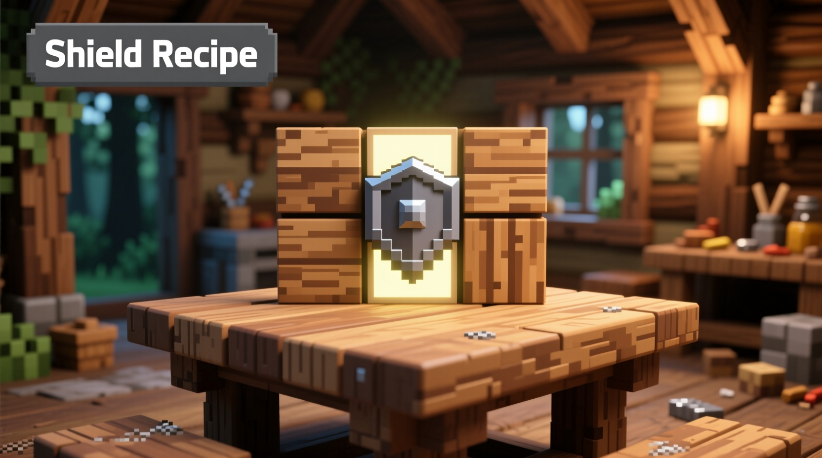 Minecraft crafting table with shield recipe layout