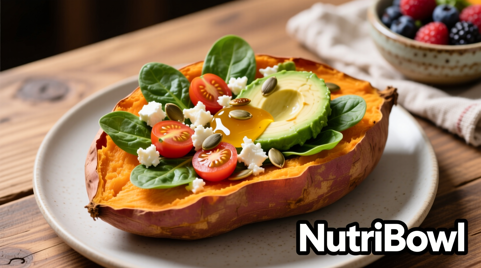 Sweet potato with various healthy toppings arranged