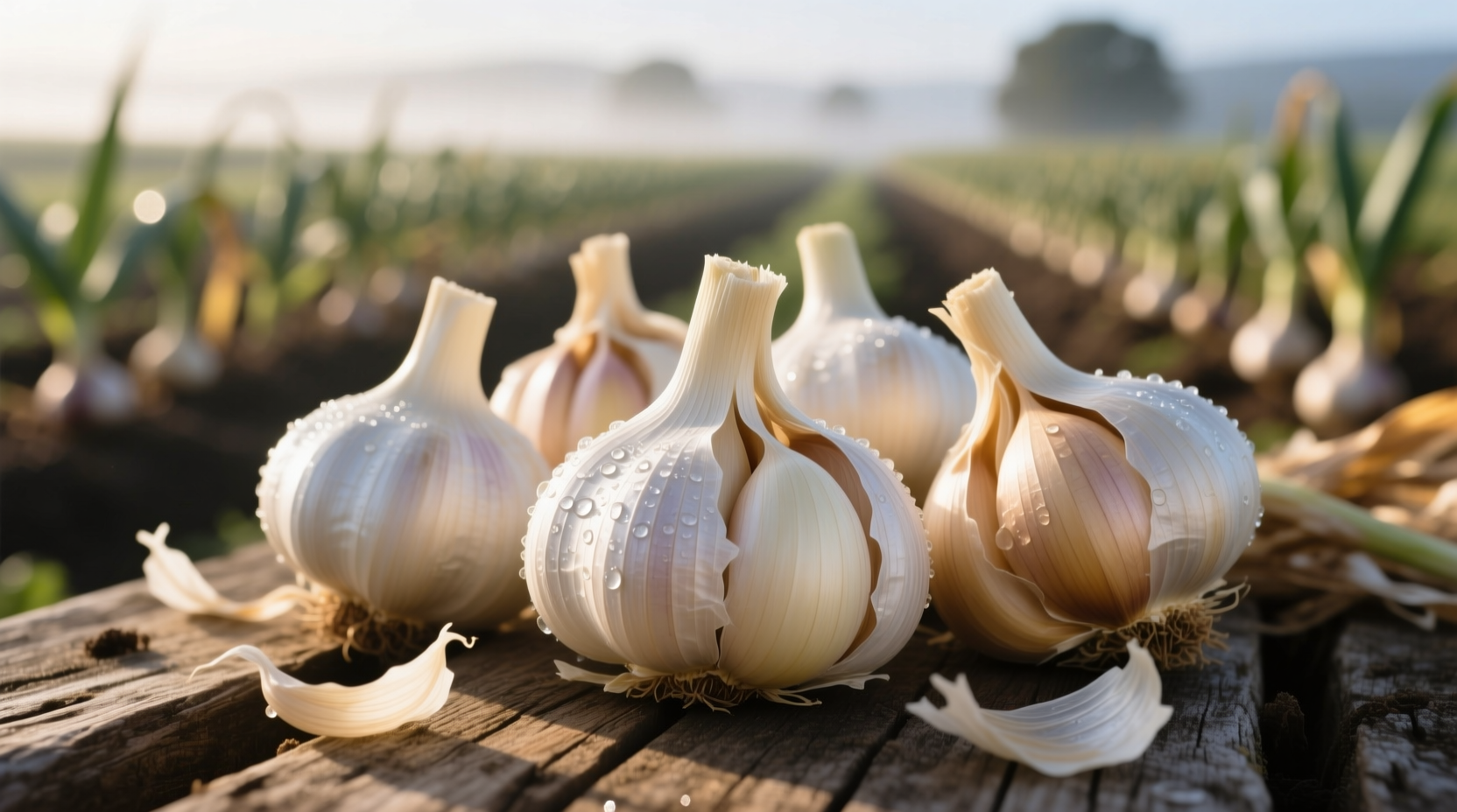Freshly harvested Gilroy garlic bulbs with papery skins