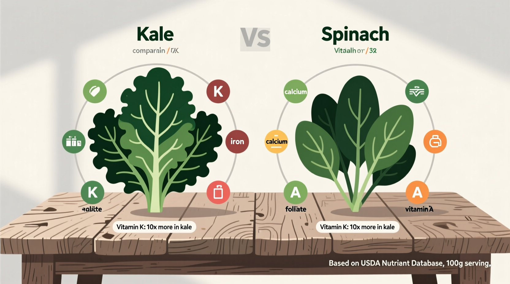 Kale and spinach nutritional comparison on wooden table