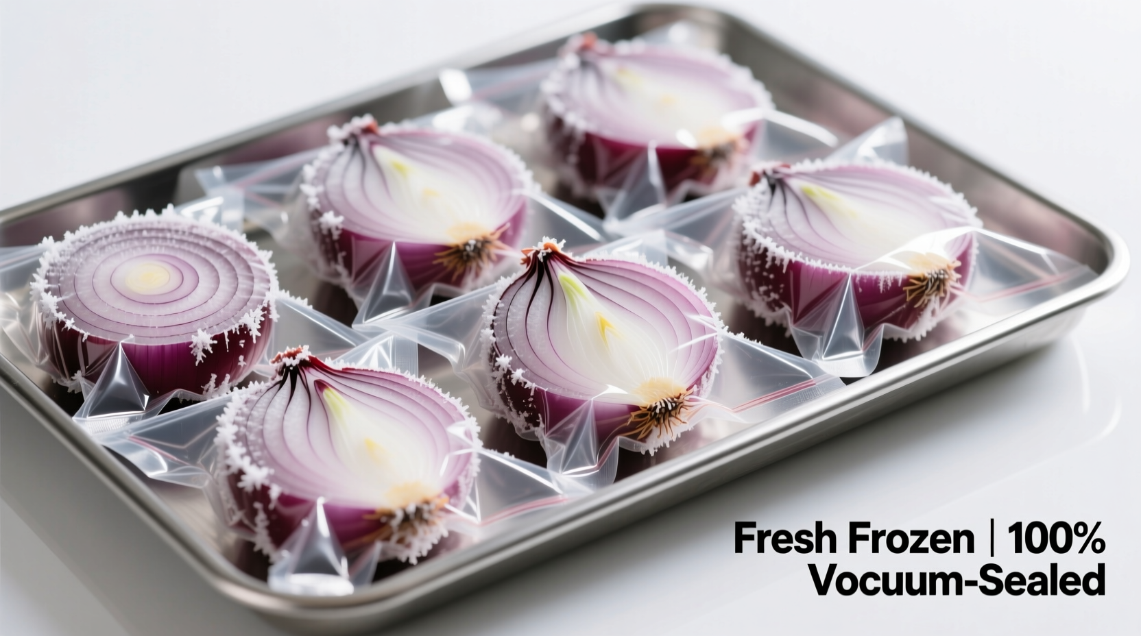 Freshly frozen onion portions in vacuum-sealed bags