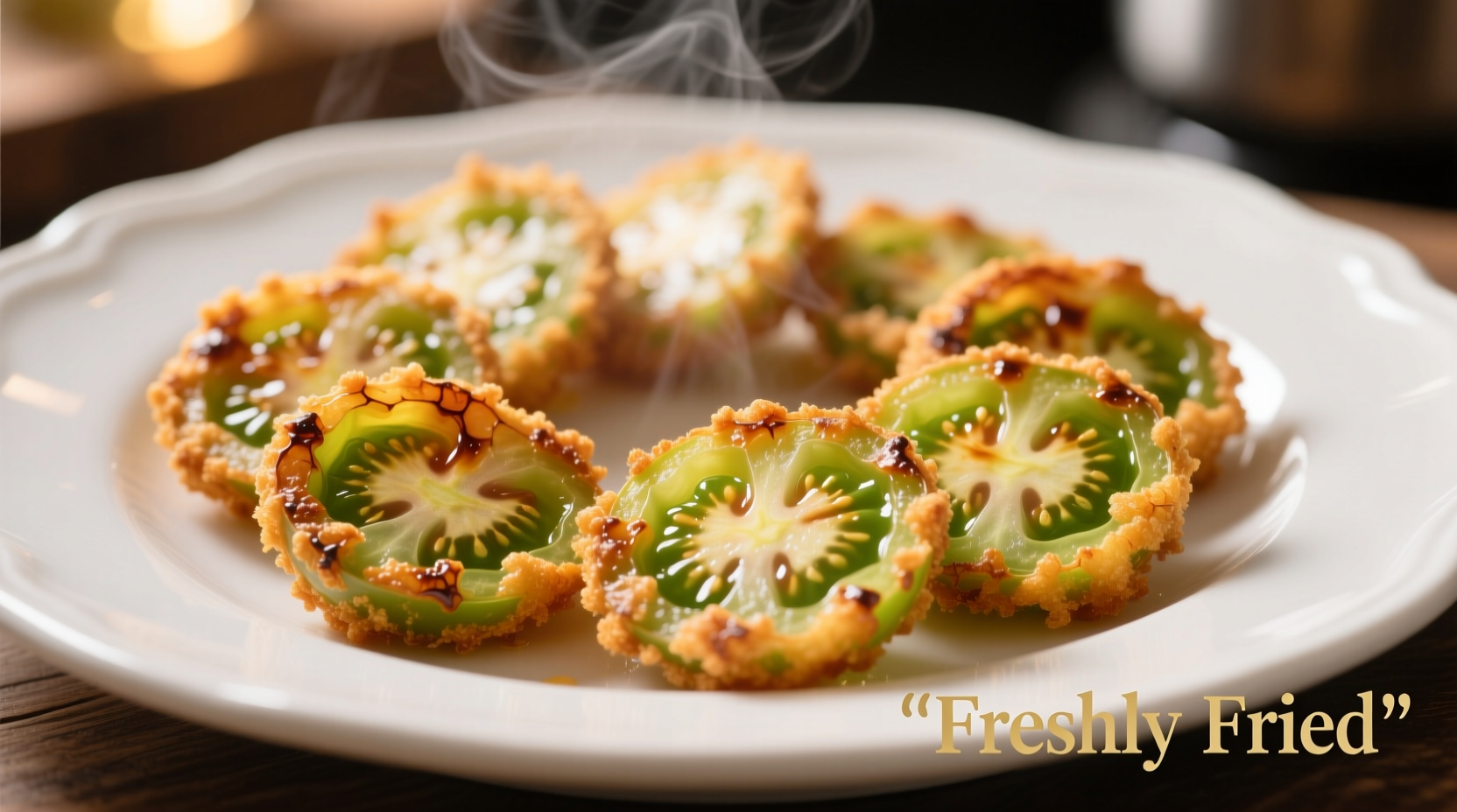 Golden fried green tomato slices on white plate