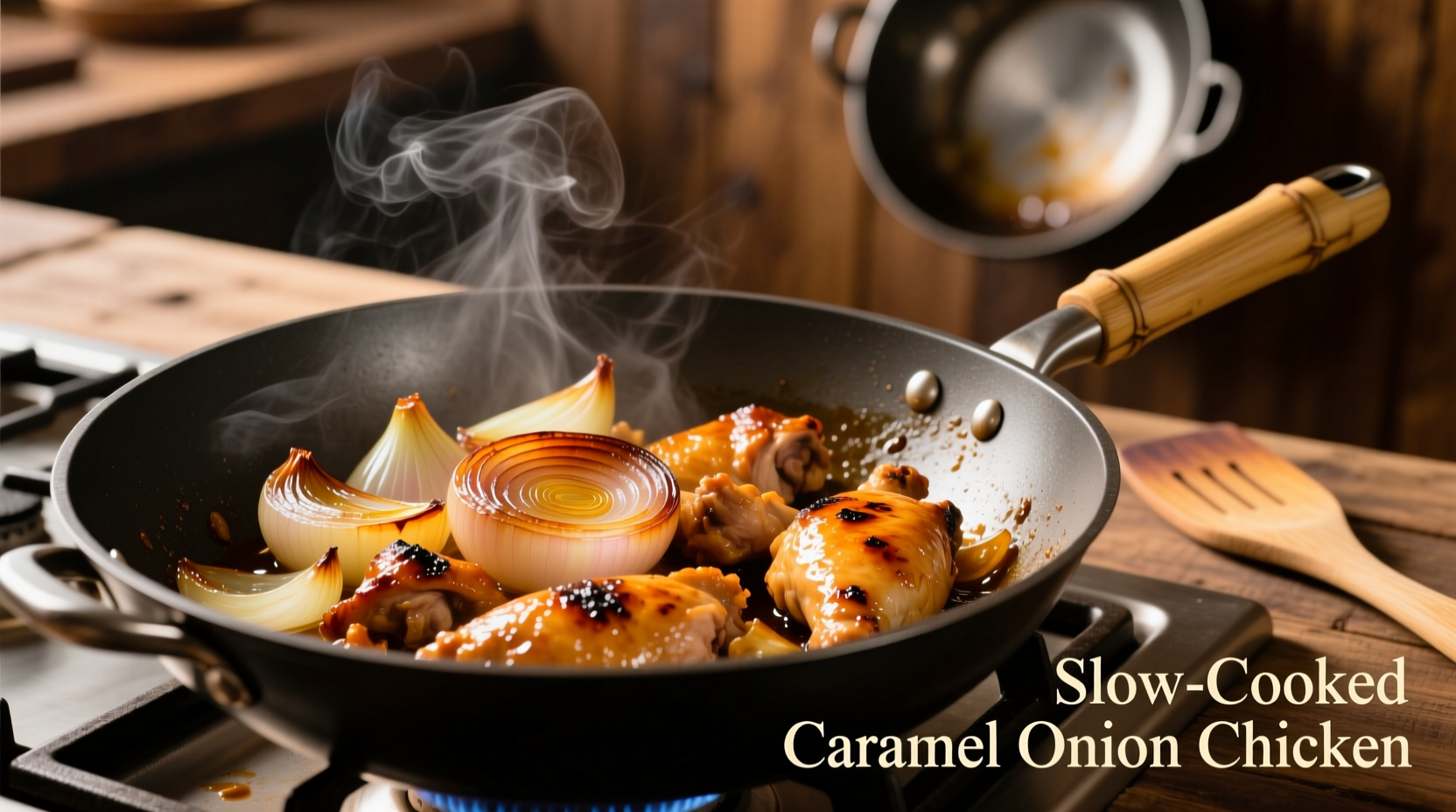 Perfectly caramelized onions with chicken in wok