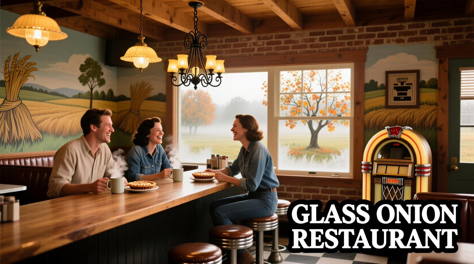 Glass Onion Restaurant interior with rustic decor and diners