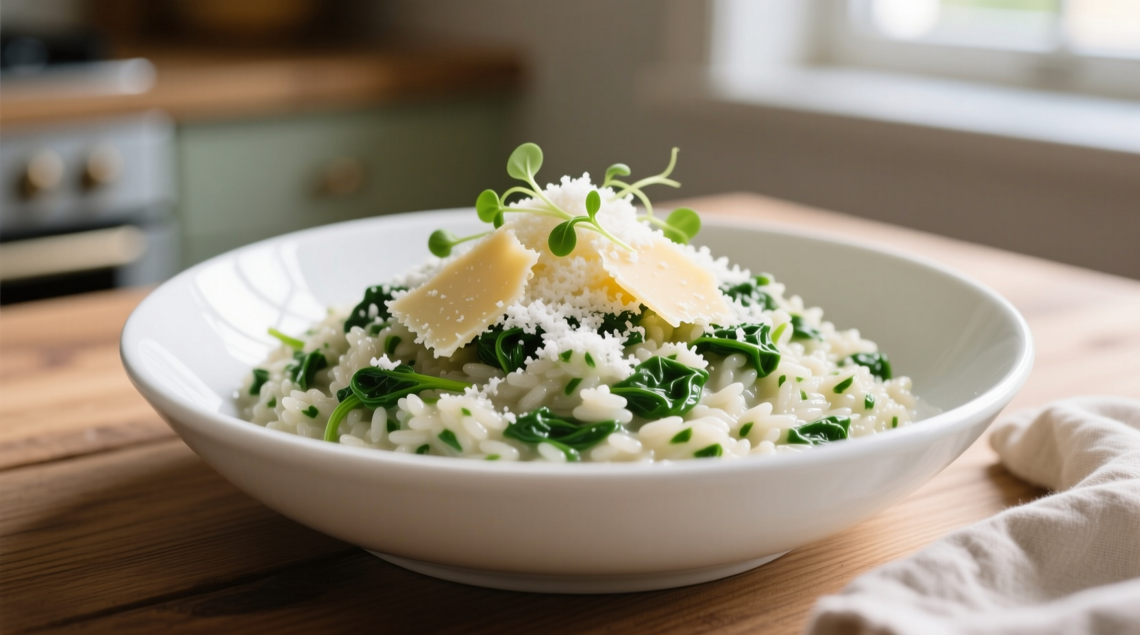 Creamy spinach risotto in white bowl with Parmesan garnish