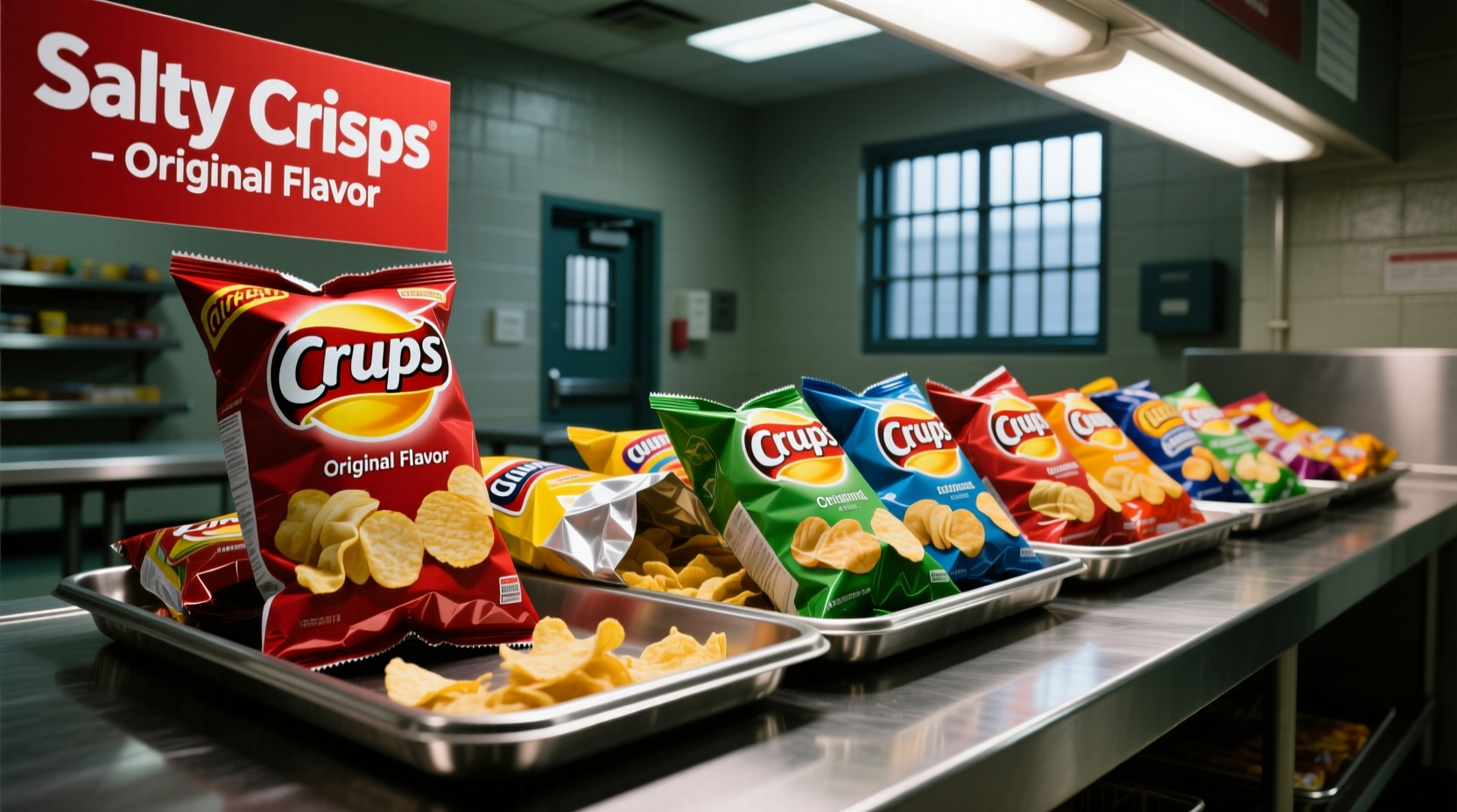 Prison commissary snack display with branded chips