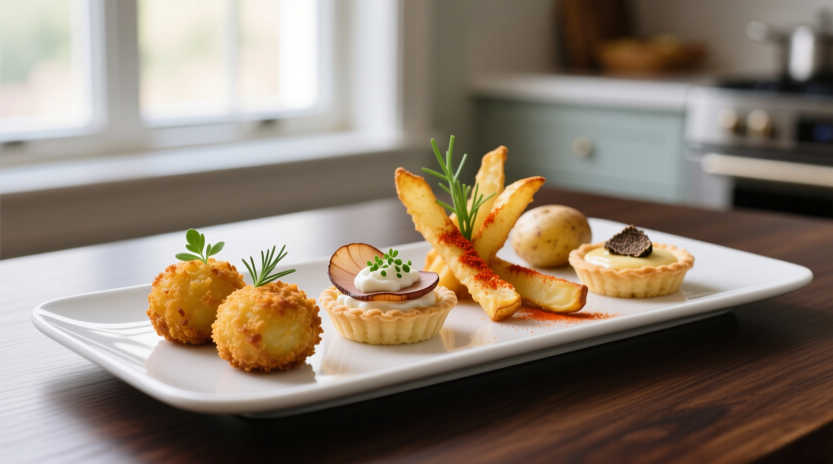 Assortment of potato hors d'oeuvres on serving platter