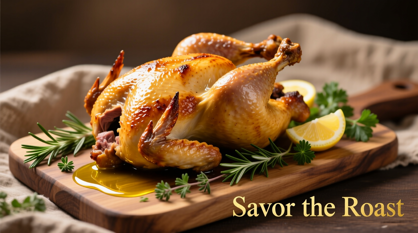 Golden roasted chicken with lemon slices and herbs