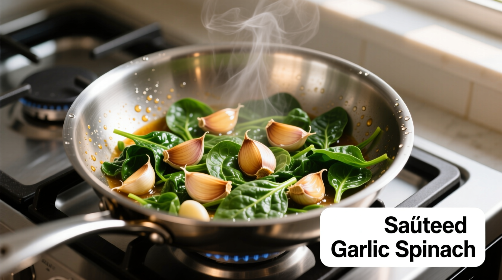 Fresh garlic and spinach in stainless steel pan