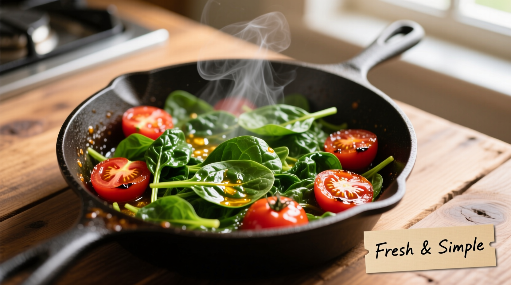 Perfectly sauteed spinach and tomatoes in skillet