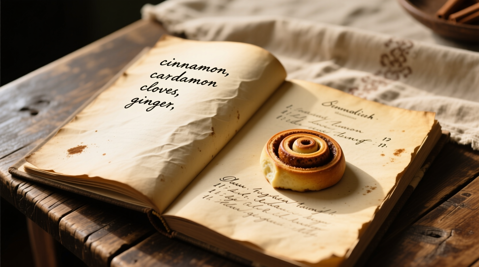 Vintage Swedish cookbook page showing cinnamon roll recipe with cardamom, cloves, and ginger listed in ingredients