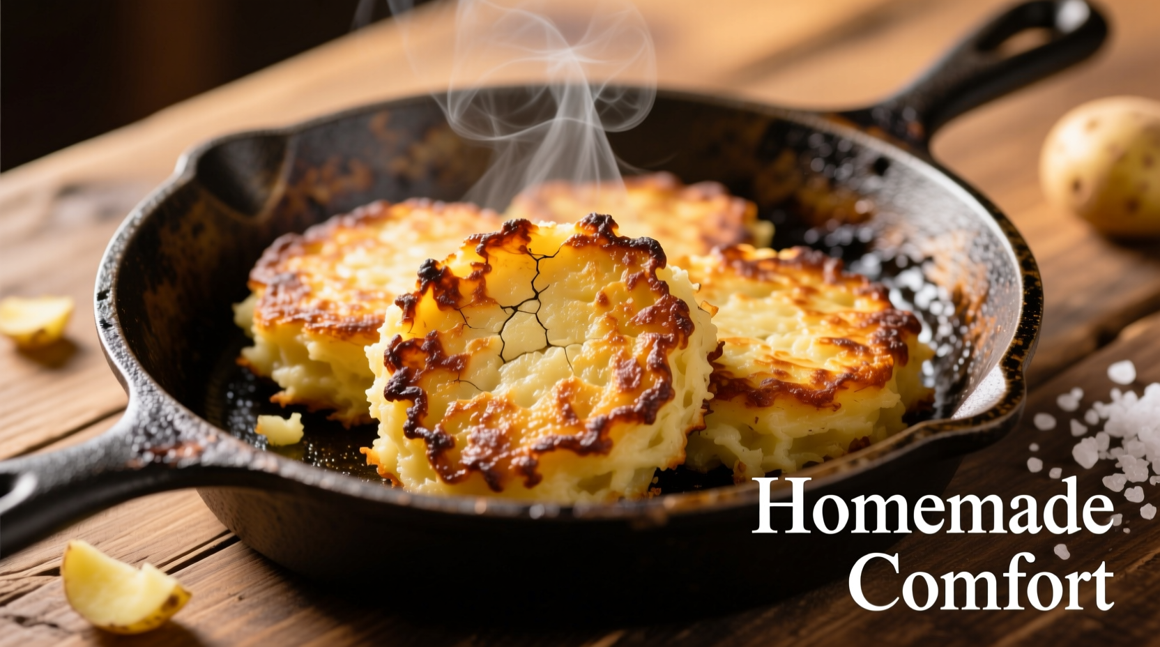 Golden brown mashed potato cakes on cast iron skillet