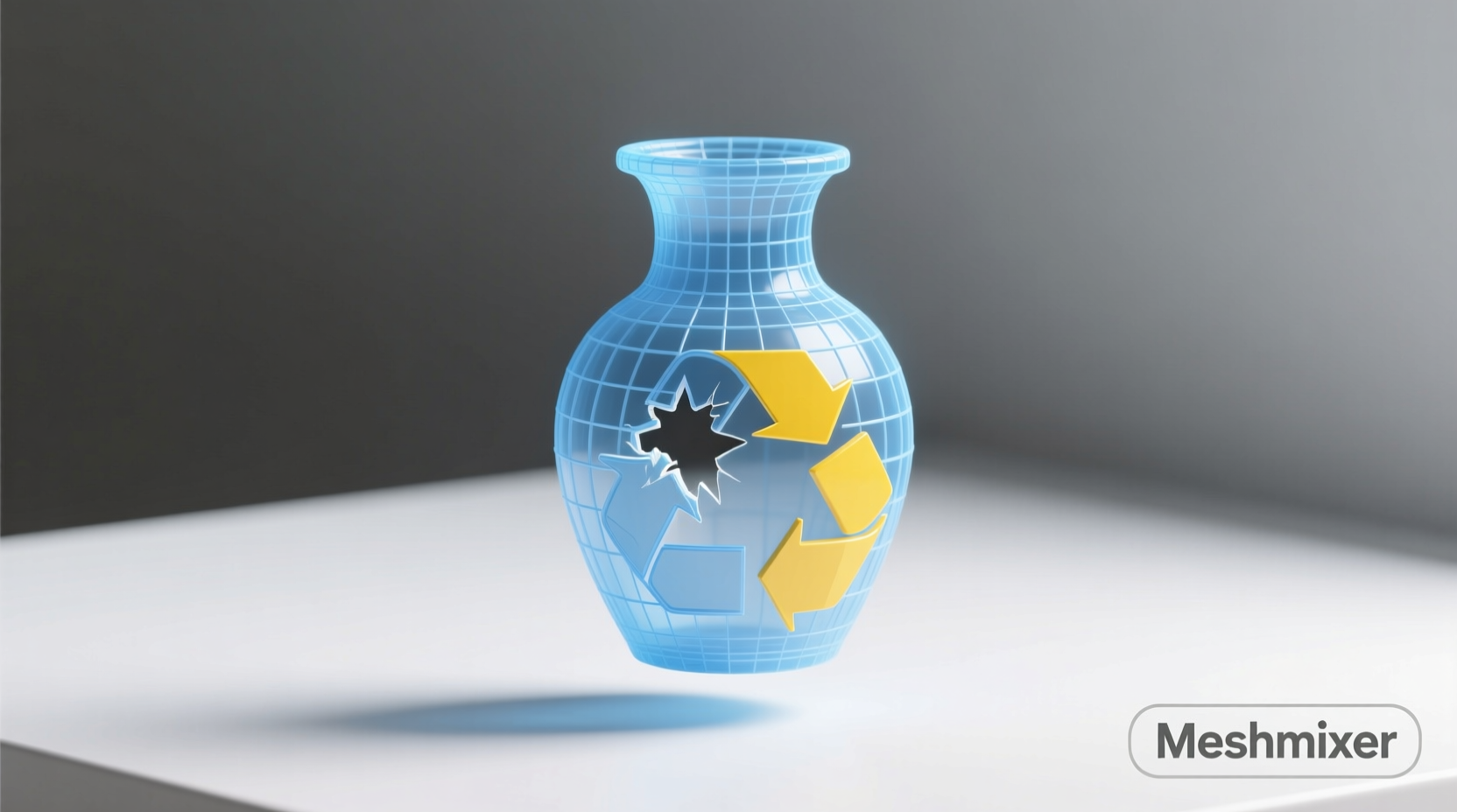 Meshmixer screenshot highlighting hole repair on a recycled plastic vase model