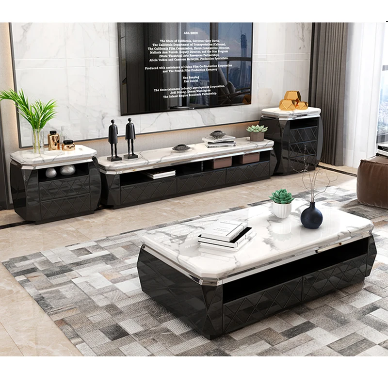 China manufacturer living room furniture set mirror black white marble coffee cup table TV stand