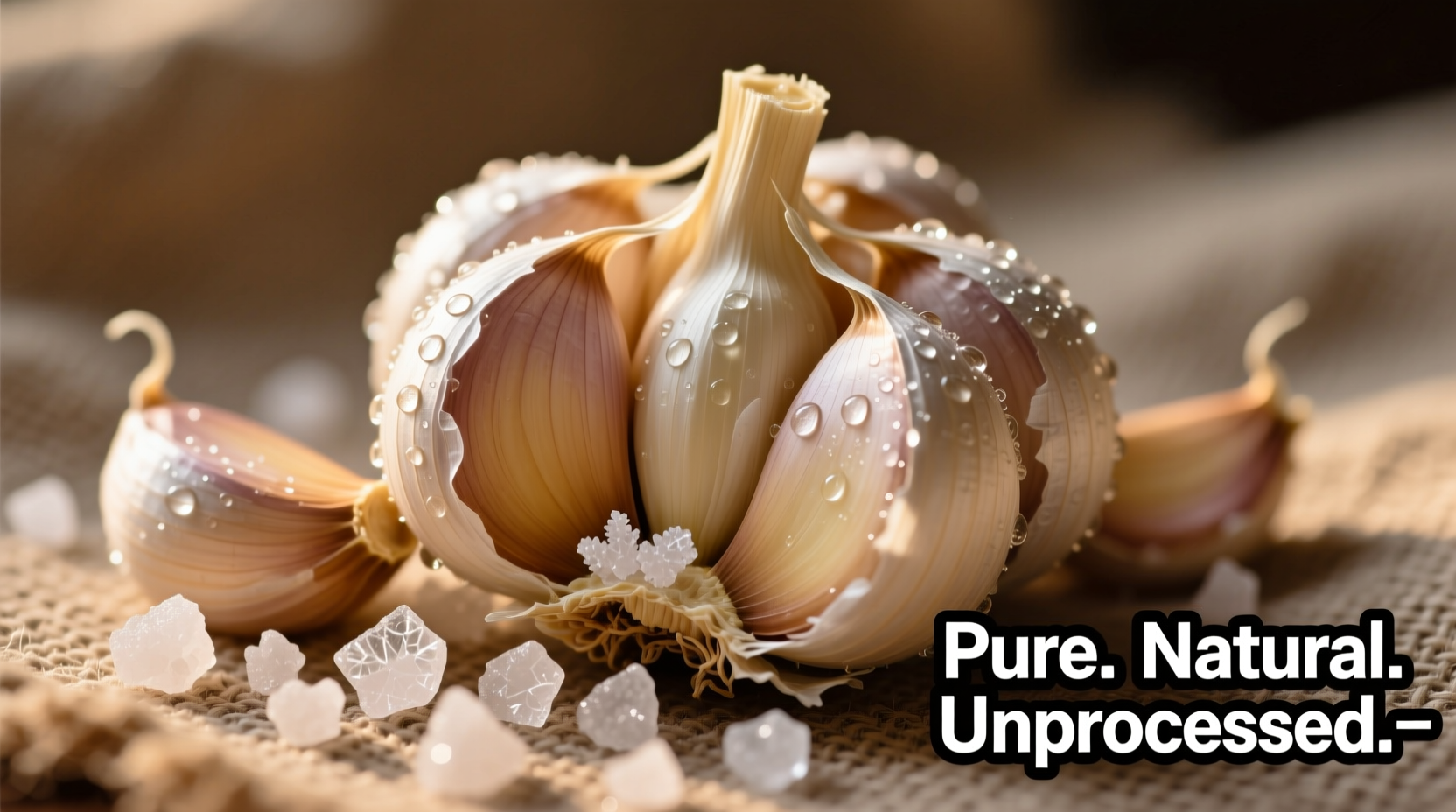 Fresh garlic cloves and sea salt crystals