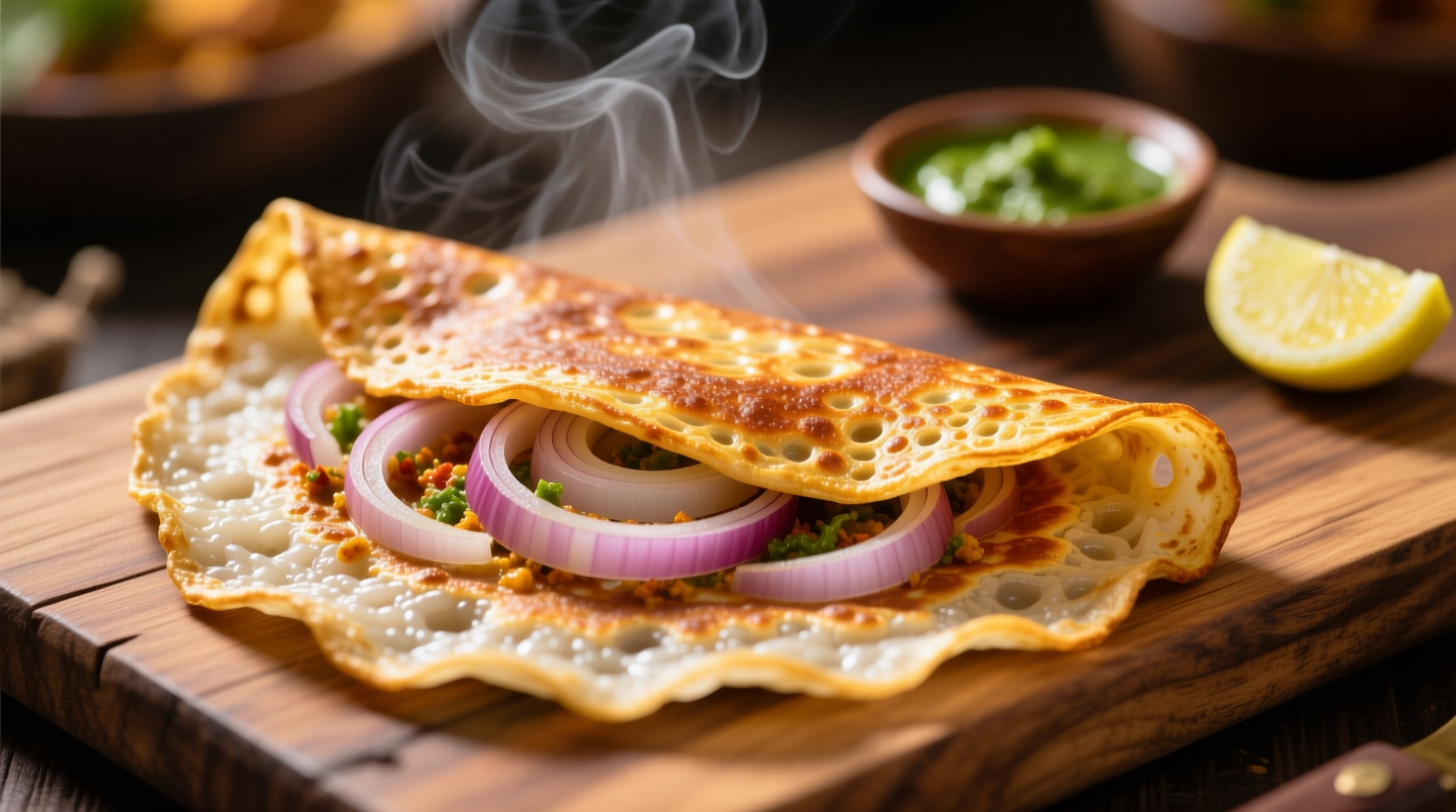 Freshly made onion dosa with golden edges