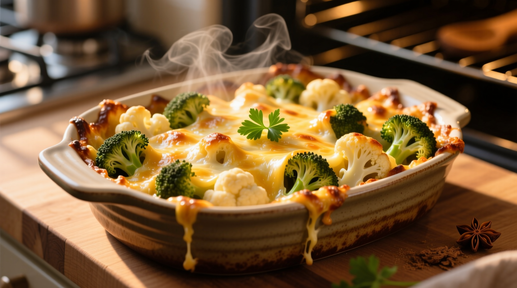 Golden cheesy broccoli and cauliflower bake in baking dish