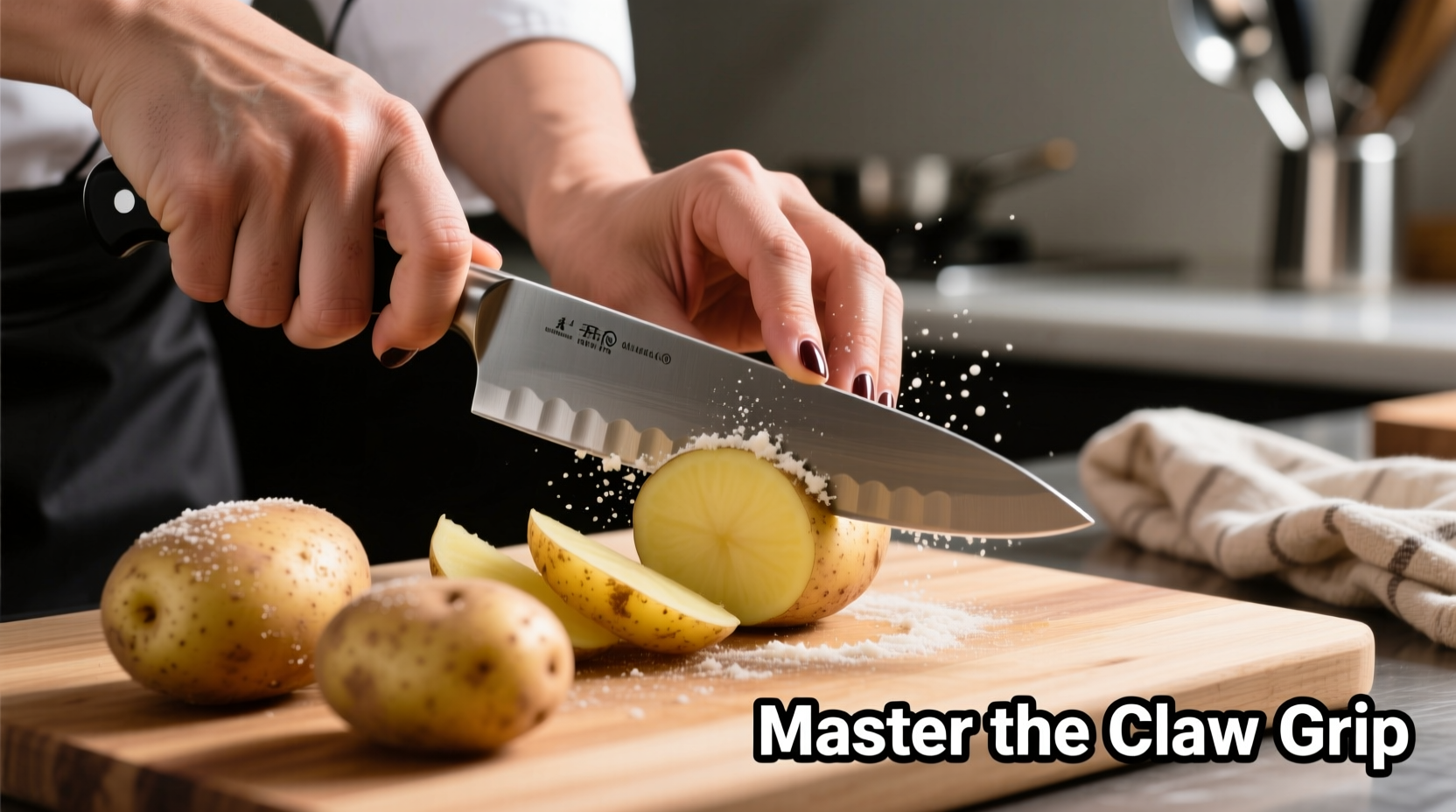Chef's hand demonstrating proper claw grip while cutting potato wedges