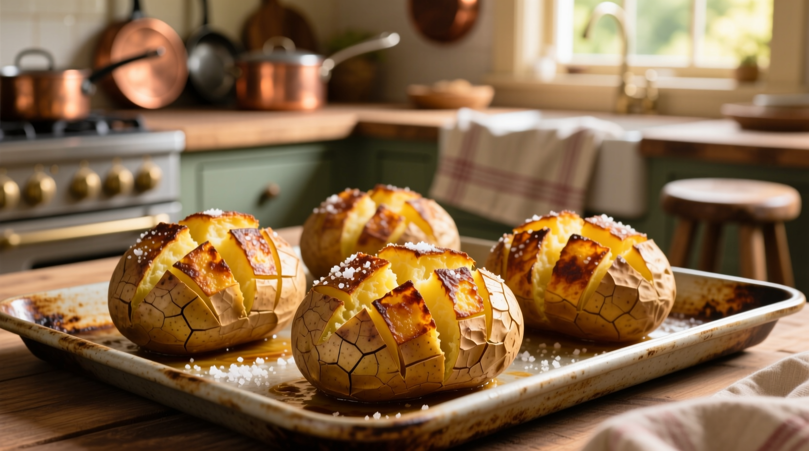 Golden baked potatoes with crispy skin on baking sheet