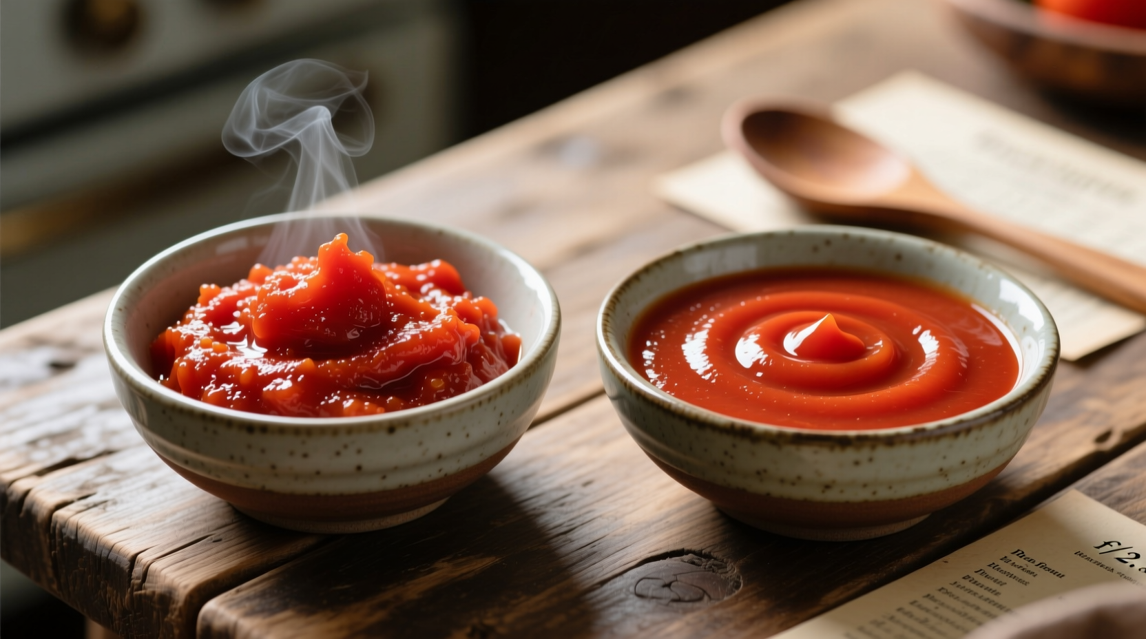 Close-up comparison of tomato paste and sauce in bowls