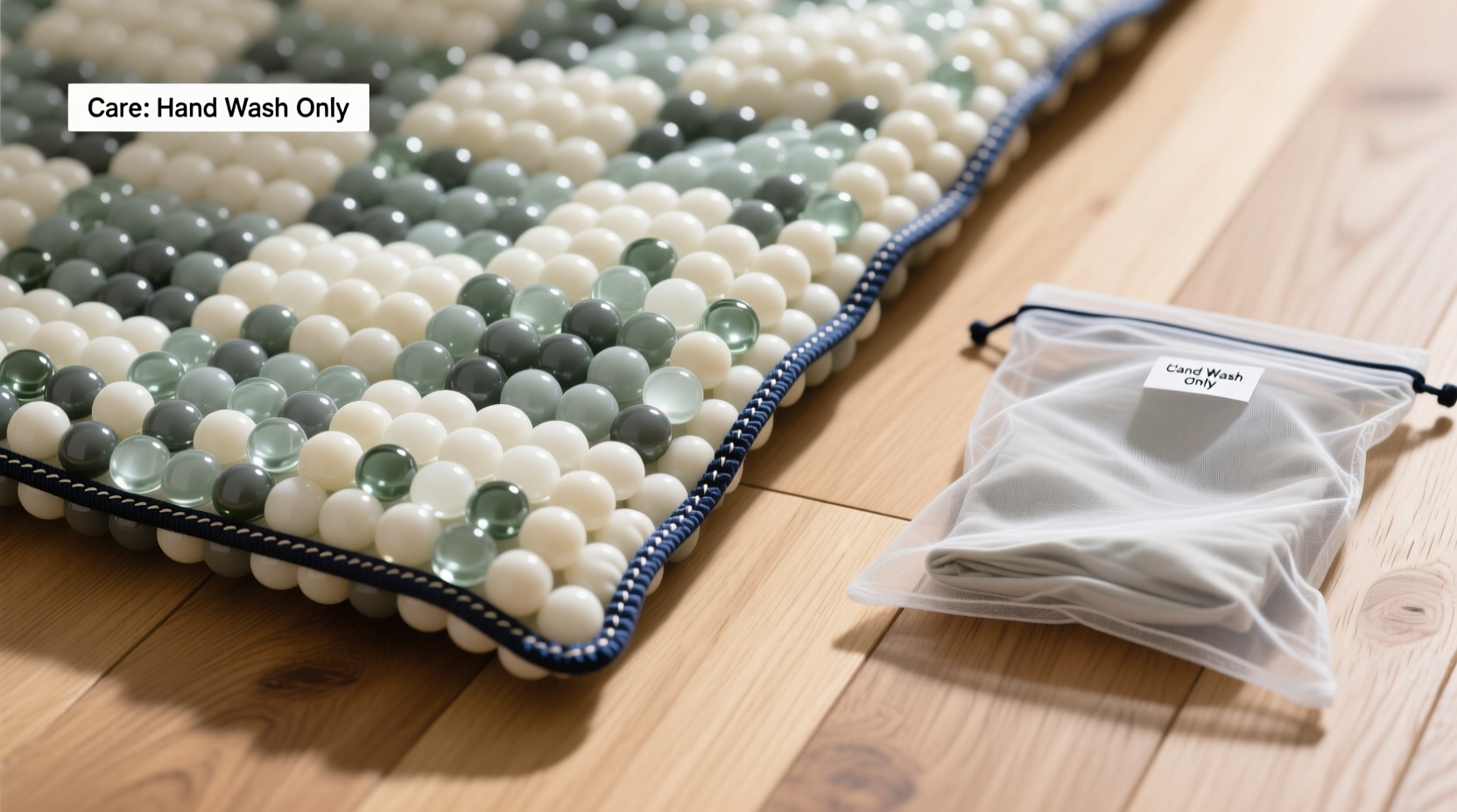 Close-up photo showing a glass bead weighted blanket laid flat on a clean hardwood floor, with visible seam reinforcement stitches at corners and a breathable mesh laundry bag folded nearby