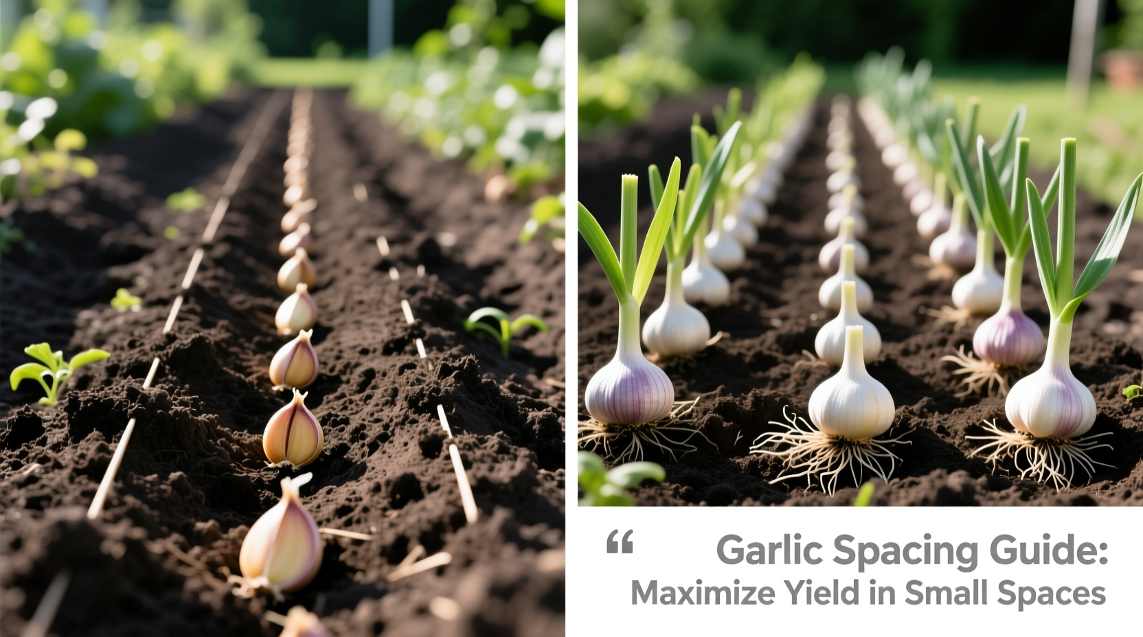 Side-by-side comparison of garlic planting methods: traditional 6-inch rows versus optimized 7-inch off-centre spacing showing bulb size and yield differences