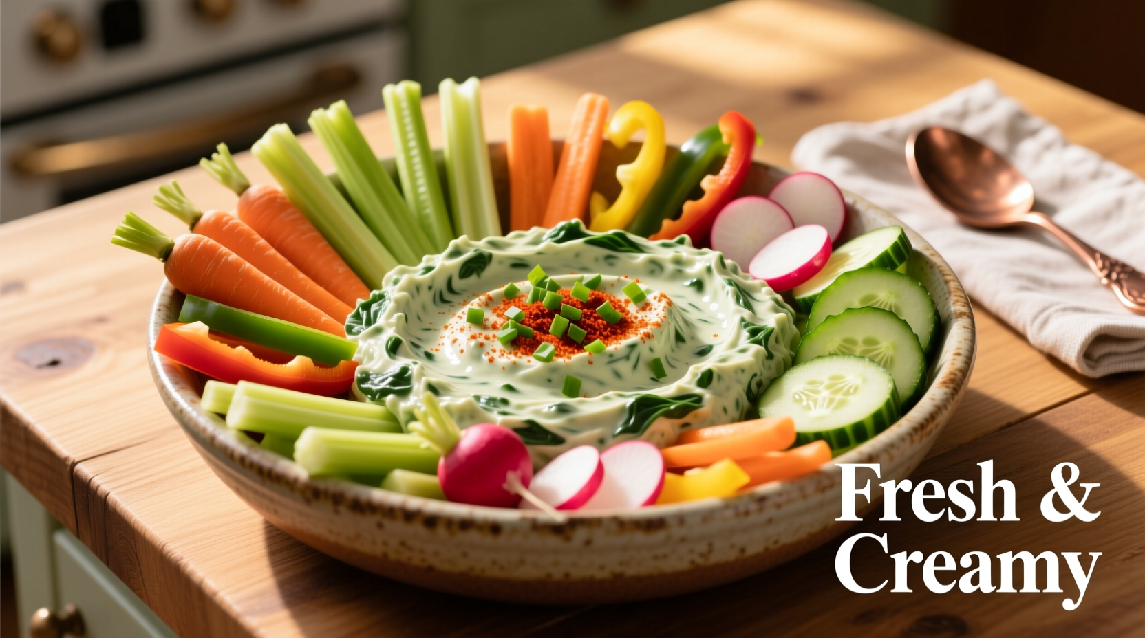 Creamy spinach dip in serving bowl with vegetable dippers