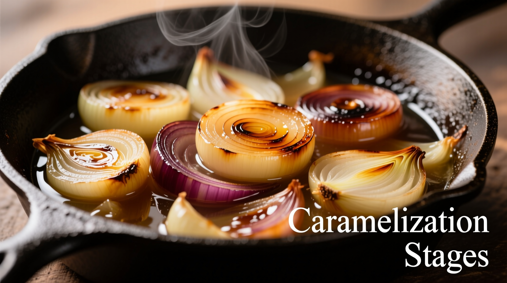 French onion soup caramelization stages in skillet