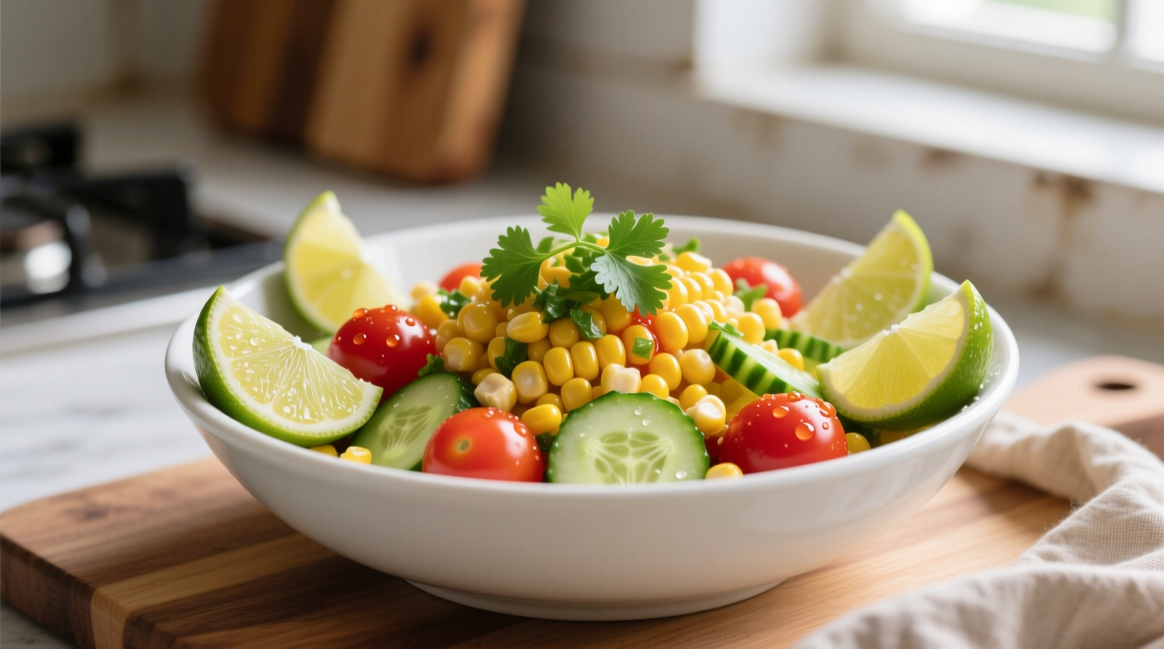 Fresh corn tomato salad in white bowl with lime wedges