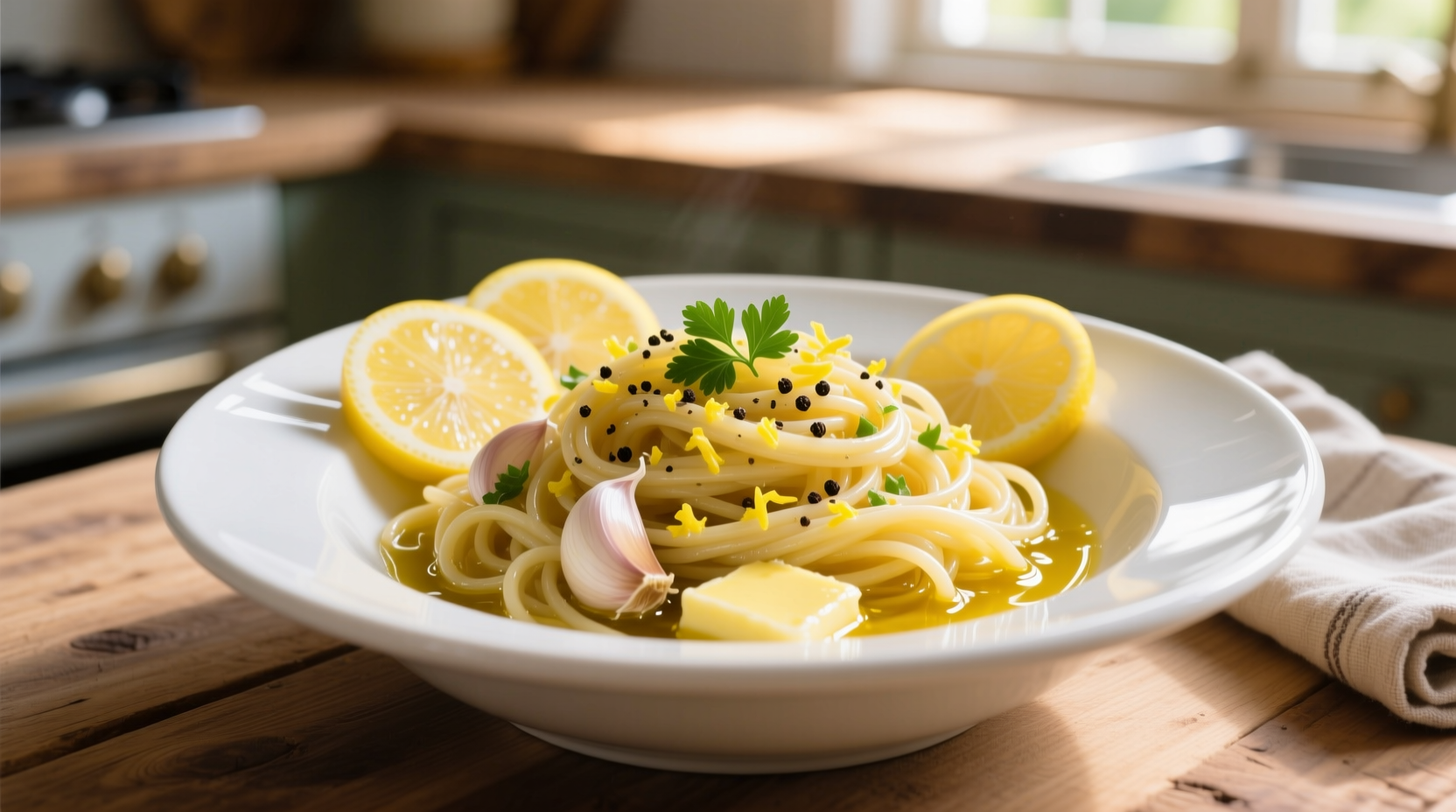 Fresh garlic lemon pasta in white bowl