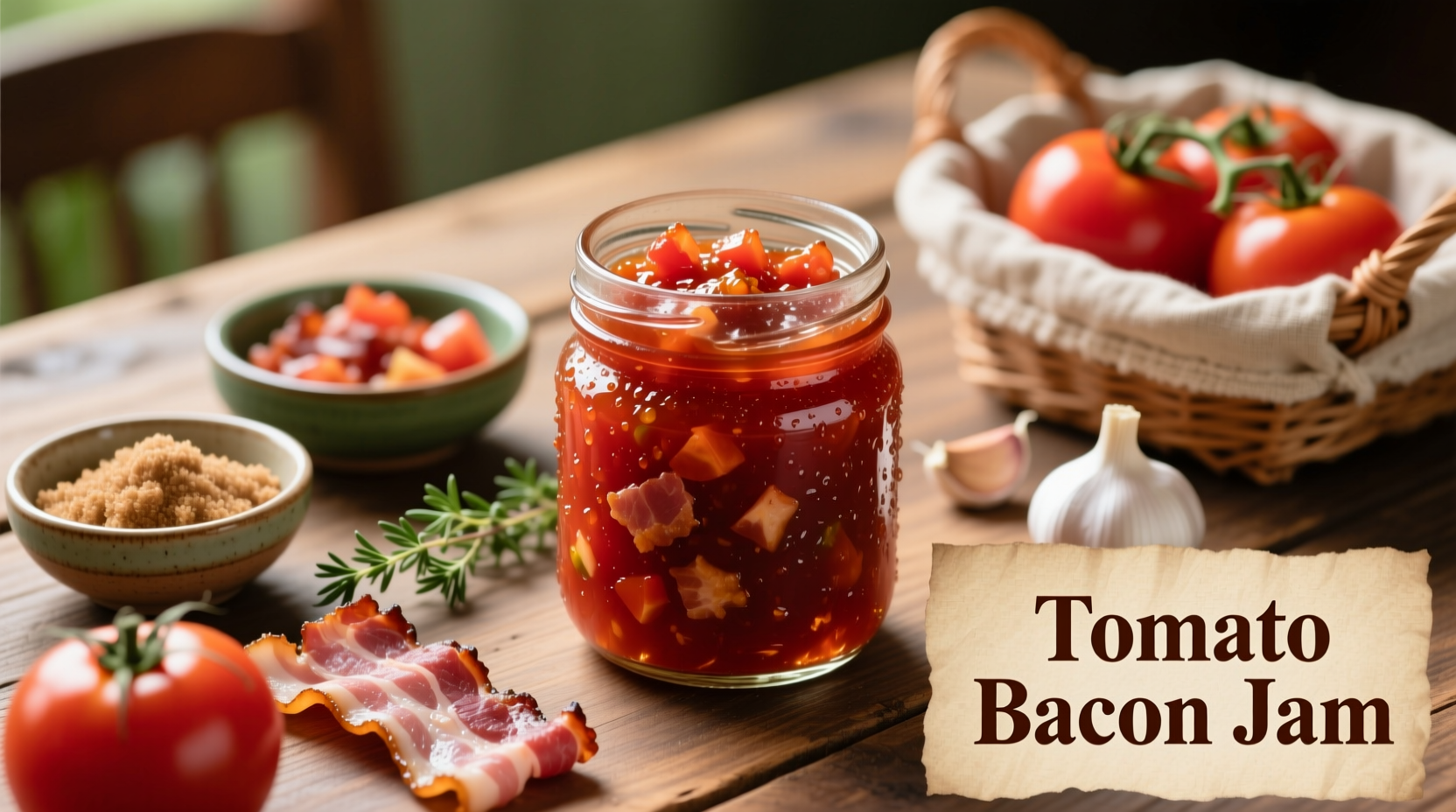 Homemade tomato bacon jam in mason jar with ingredients