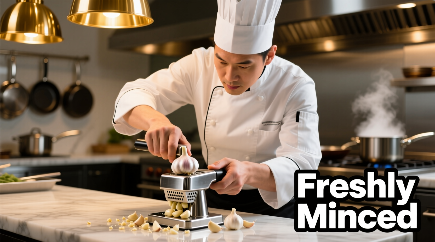 Professional chef using stainless steel garlic mincer with fresh cloves
