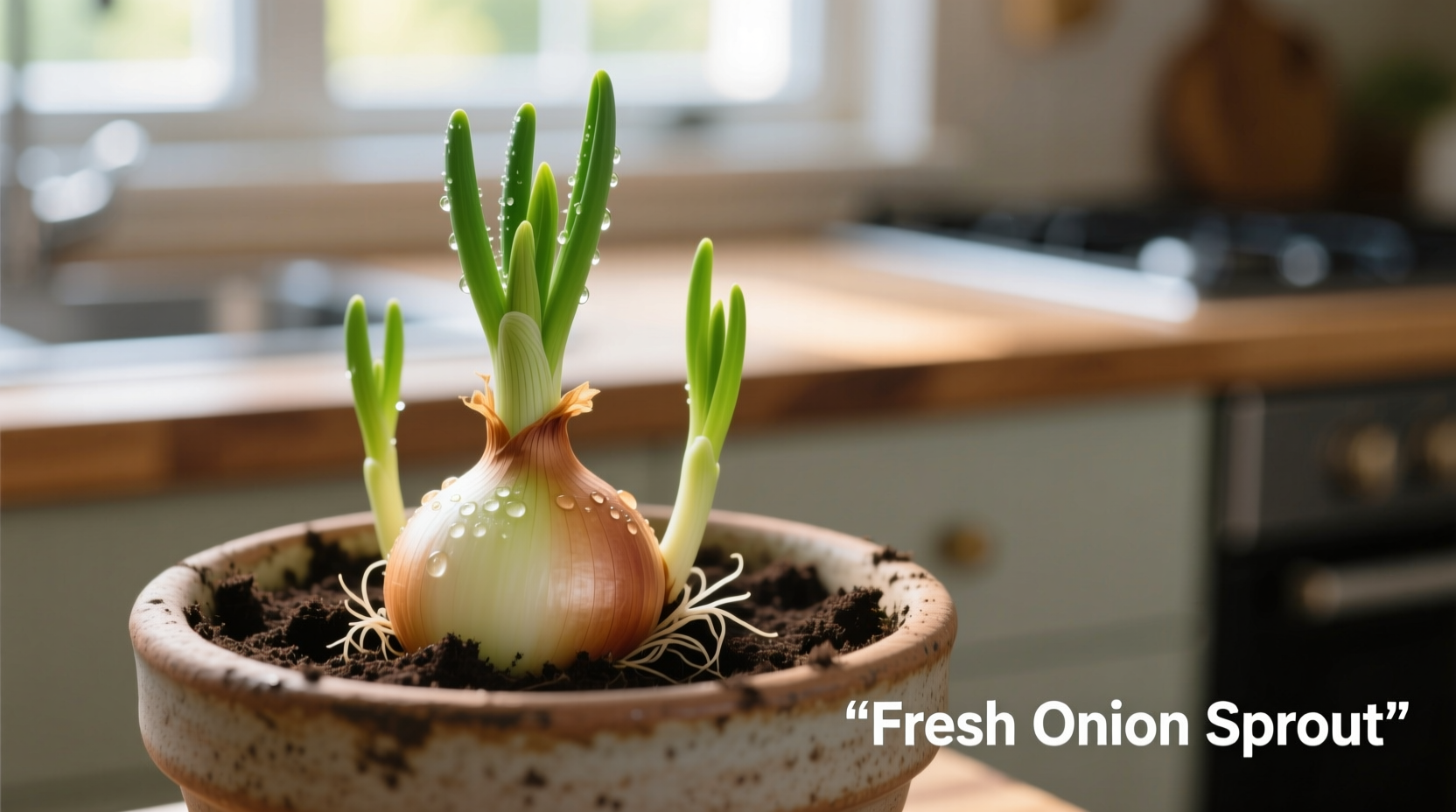 Sprouting onion planted in container with green shoots emerging