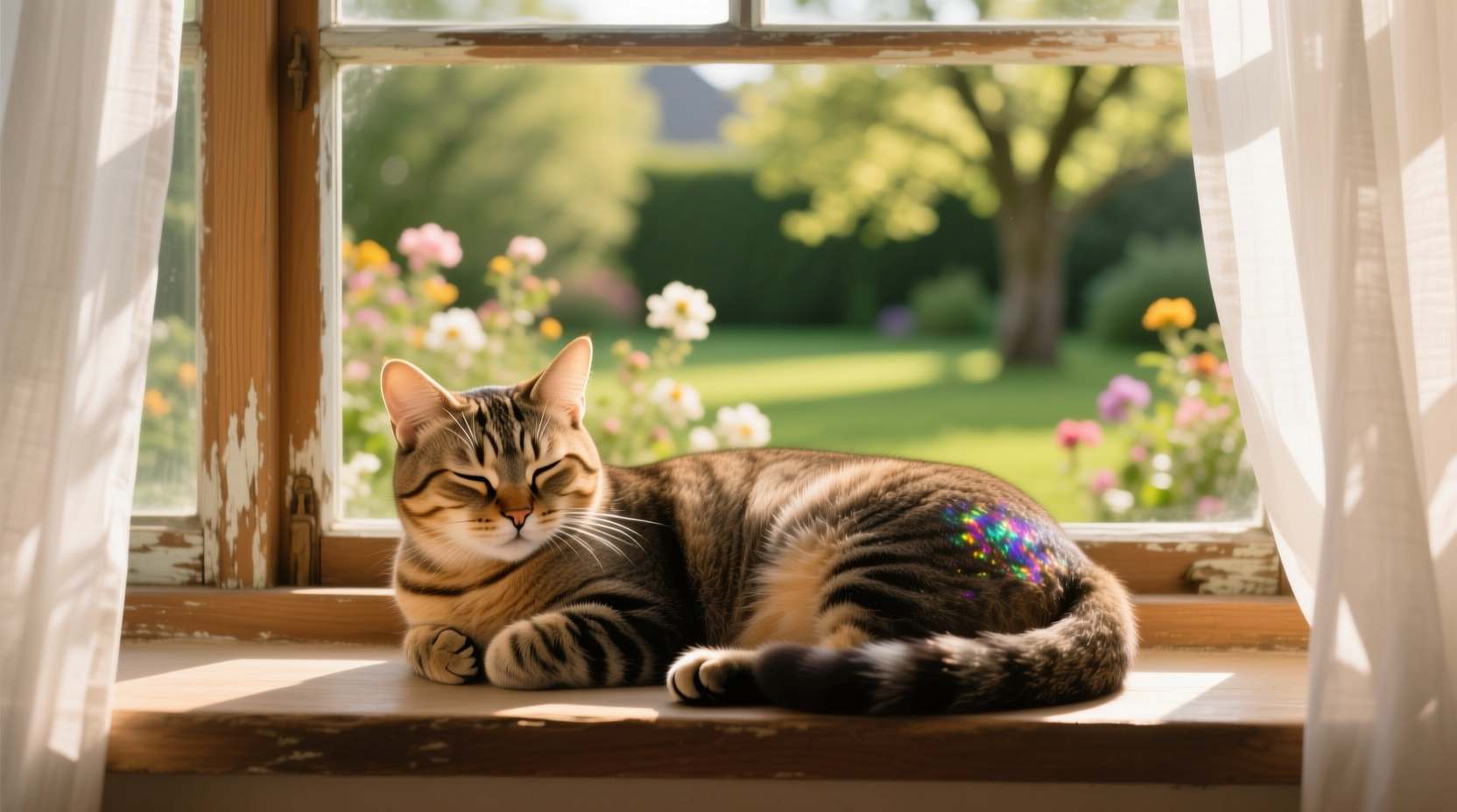 Healthy domestic cat resting on window sill
