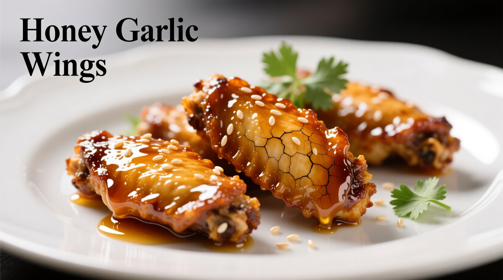 Glossy honey garlic wings on white plate